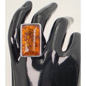 Vintage Chunky Rectangle Simulated-Amber Silvertone Boho Statement Ring Size  9